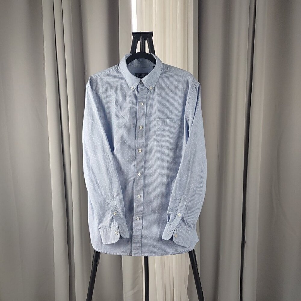 Chaps Men’s Blue, White Cotton Blend Pattern Button Down Dress Shirt Size Large